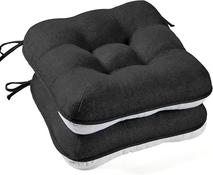 BETU Black Chair Cushions for Dining Chairs Set of 2,3.5" Thick Kitchen Table Chair Pads with Ties,Non Slip Backing and Covers,Seat Cushion for Dining Room,Bar,Patio Chairs,15.5"X15.5"X3.5",Black