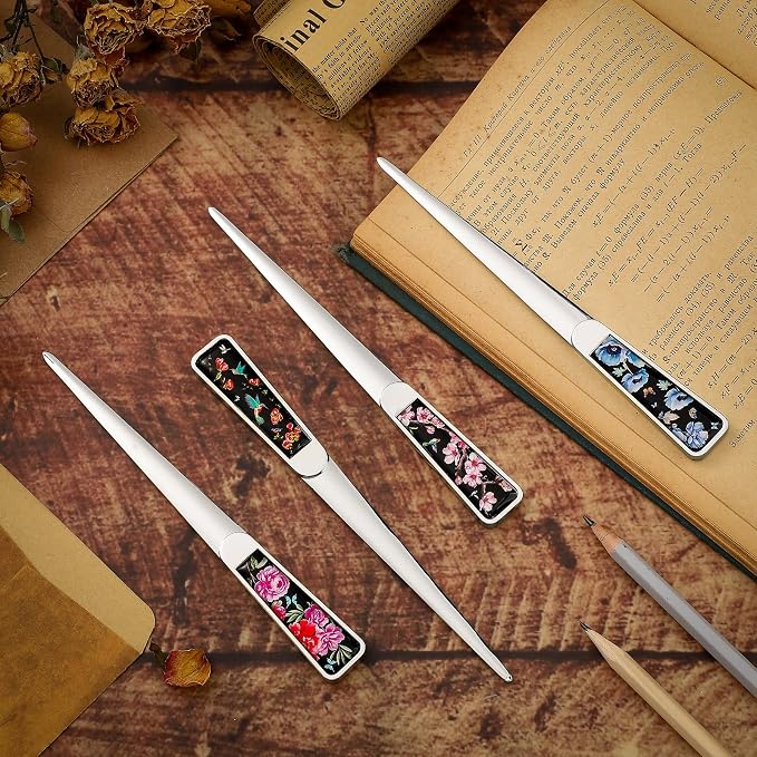 Chuangdi 4 Pieces Letter Opener Knife Fancy Stainless Steel Envelope Openers Slitter Lightweight Mail Opener Tool for Women Men Graduation Gift Office Home School Supplies(Elegant Style)