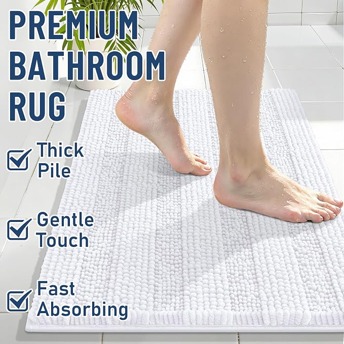 Grandaily Chenille Striped Bathroom Rugs 30x20, Extra Thick and Soft Absorbent Bath Mats, Rubber Backing, Plush Shaggy Shower Carpet, Machine Wash Dry, Bath Rug for Bathroom, Solid White