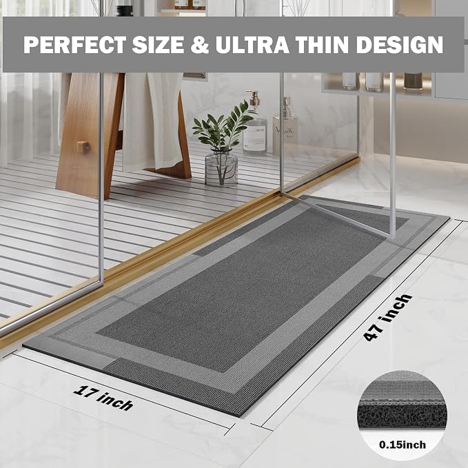 YDKGL Non Slip Long Bath Mat Bathroom Runner, Rubber Backing Ultra Thin Bathroom Rugs Fit Under Door Quick Dry Super Absorbent Washable Bath Rug Shower Mat for Bathtub Sink Floor, Dark Gray 17"x47"