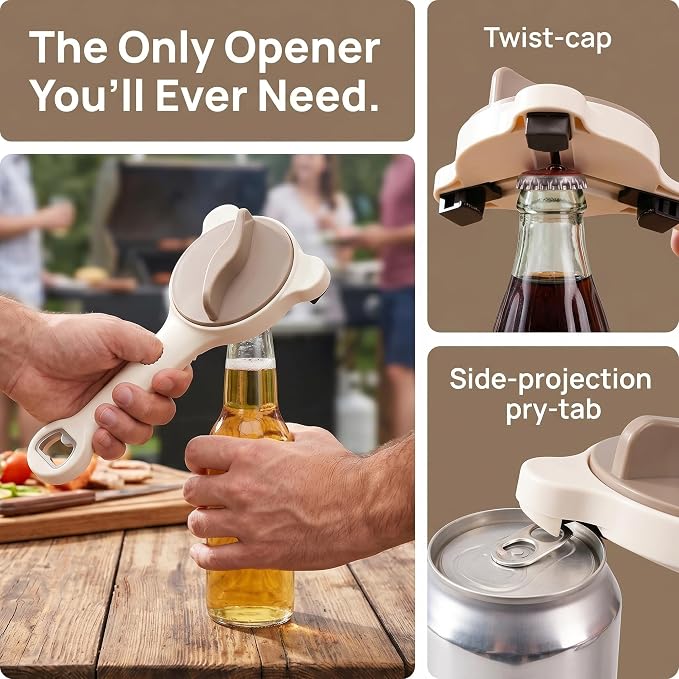 4 in 1 Multi-Purpose Jar Opener, Magnetic Stainless Steel with Ergonomic Handle, Multi-Size Lid Tool for Jars, Cans Wine, Ideal for Seniors, Arthritis and Weak Hands (Beige)
