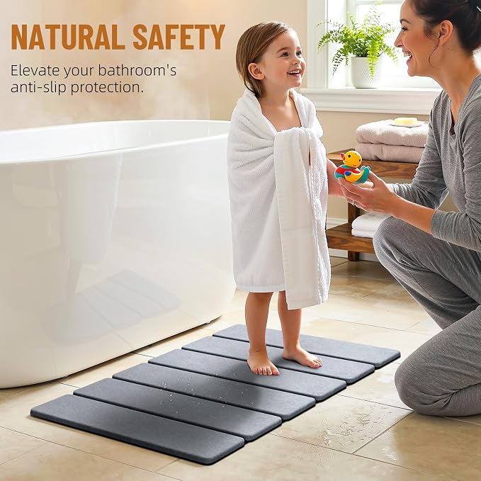 Luxspire Stone Bath Mat Foldable, Quick Drying Diatomaceous Earth Bath Mat for Bathroom, Large Bathroom Rug with Non-Slip Rubber Base, Easy Clean Accessories Outside Shower, 24 x 16 in, Dark Gray
