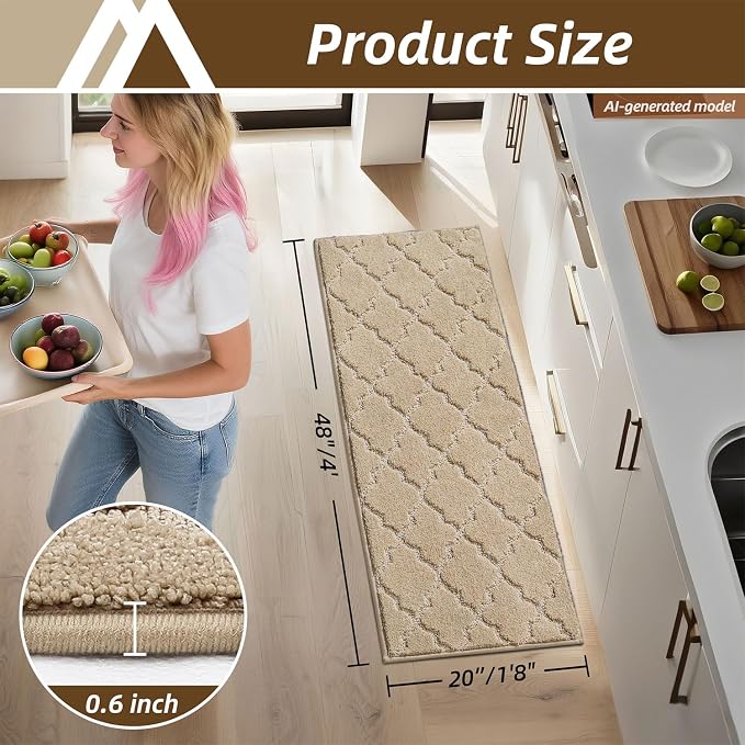 COSY HOMEER Kitchen Rugs 20"x48" Non-Slip Washable Kitchen Mats for Floor Absorbent Kitchen Carpet Soft Rugs for Kitchen,Sink Mat,Entrance,Area Rug,Warm Beige