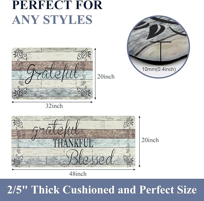 HEBE Anti Fatigue Kitchen Mat Set of 2 Non Slip Cushioned Kitchen Mats for Floor Waterproof Farmhouse Kitchen Rugs and Mats Set Comfort Standing Desk Mat Carpet for Sink,Office,Laundry