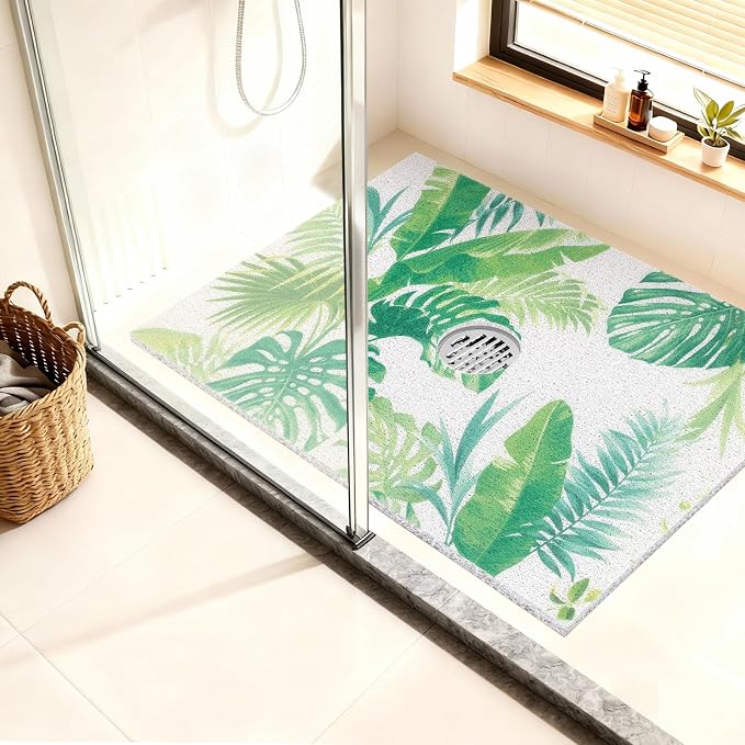 Non Slip Shower Mat: 32x24 Inch Extra Large Shower Mats for Inside Shower with Drain Hole in Middle - Soft PVC Loofah Anti Slip Shower Floor Mat for Standing and Walk-in Shower, Quick Drying
