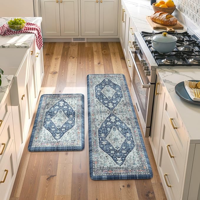 Collive Boho Kitchen Rugs Set of 2 Non Skid Kitchen Mats for Floor Cushioned Anti Fatigue Kitchen Floor Mats Waterproof Comfort Heavy Duty Foam Mats for Standing Desk Sink Laundry, 17.3"x29"+17.3"x59"