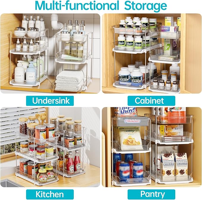 Delamu 2 Sets of 3-Tier Bathroom Under Sink Organizers and Storage, Multi-Purpose Stackable Pantry Organization and Storage, Pull Out Clear Kitchen Bathroom Cabinet Organizer with Movable Dividers | Storage