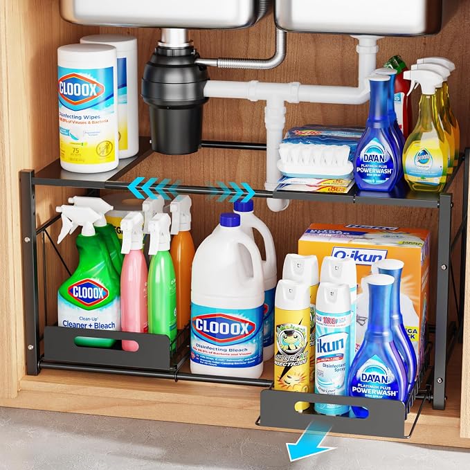 iSPECLE Extendable Under Sink Organizer - 2 Tier Expandable Under Cabinet Organizer Shelf with Height Adjustable Add Extra Space and Easy Access for 22" to 32" Wide Sink Cabinet, Black