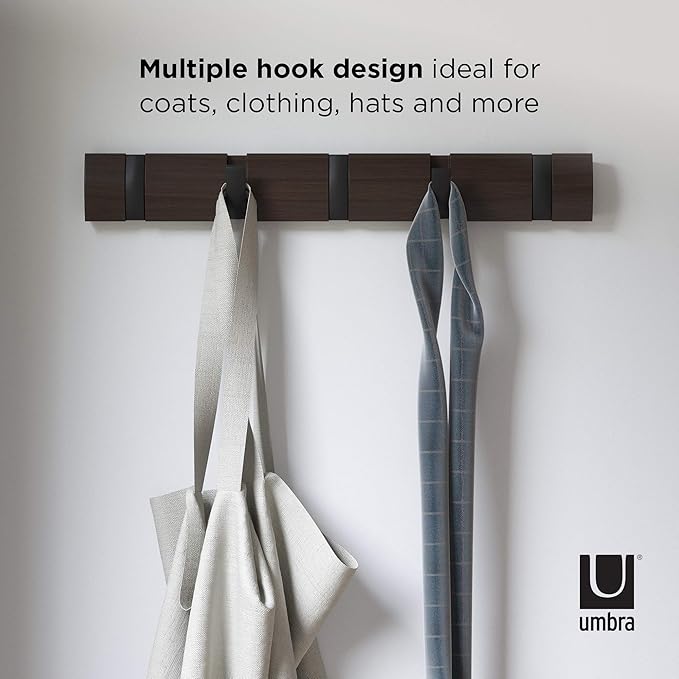 Umbra Flip Wall-Mounted Coat Rack with 5 Hooks – Modern, Space-Saving Storage for Hats, Jackets, Bags, Entryway, Mudroom, Closet, Bathroom, Bedroom – Black/Walnut
