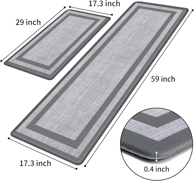 Mattitude Kitchen Mats Set of 2 Cushioned Rugs Anti-Fatigue Mats for Kitchen Floor,Waterproof Non-Slip Mats and Rugs Set for Office,Floor,Laundry 17.3"×29"+17.3"×59",Grey