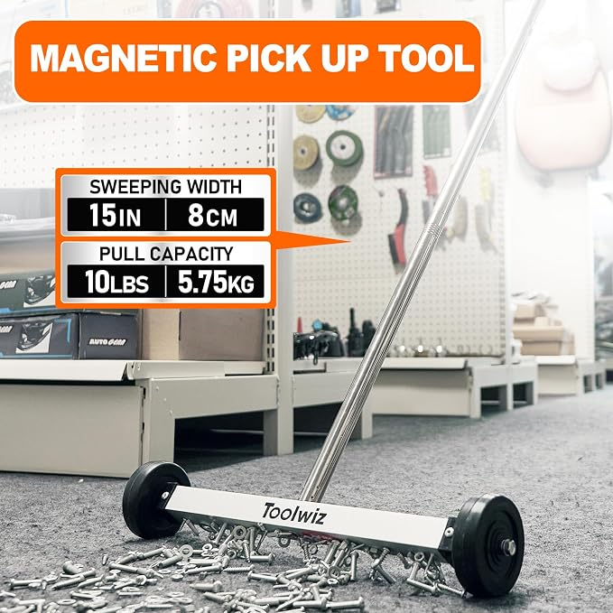 Toolwiz Magnetic Pick Up Sweeper 15-inch Heavy Duty Magnet Pickup Lawn Sweeper Roofing Tools, 10 Lbs Yard Tools Smooth Wheels to Clean Nails Adjustable Handle for Construction