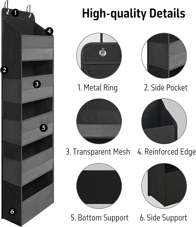 TYMENSH Black Over Door Organizer with 5 Large Clear Pockets and 6 Side Mesh Pockets, Anti-Tilt Hanging Door Storage for Closet, Bathroom, Nursery, Bedroom, Dorm, Toys, Cosmetics