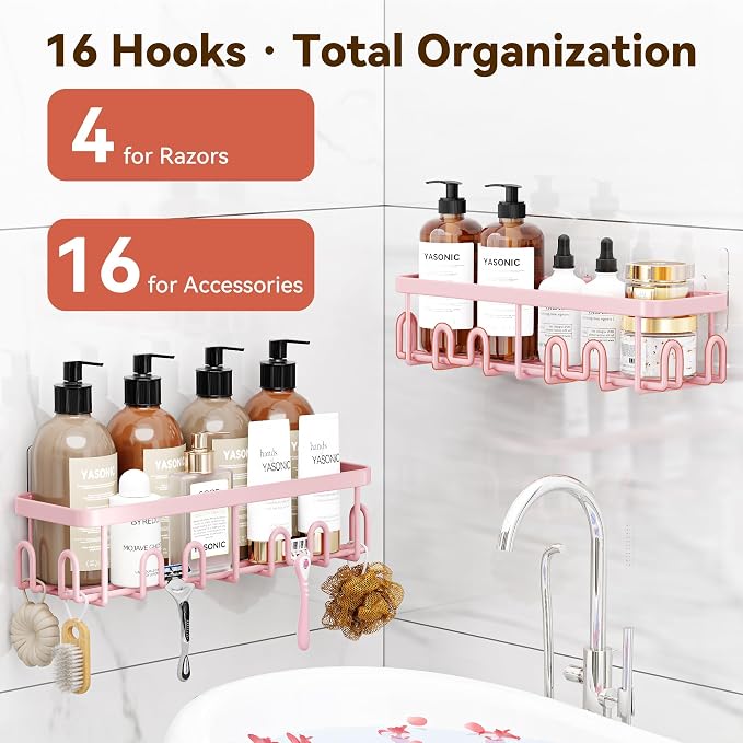 YASONIC Shower Caddy Adhesive, 100% Rustproof Shower Organizer, Large Capacity Shower Shelves for Inside Shower, No Drill Shower Storage for Home (2 Pack Pink)