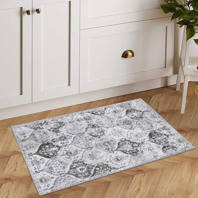 Lahome Moroccan Trellis Washable Rug, 2x3 Kitchen Rugs for Entryway Bathroom, Non-Slip Indoor Door Mat Ultra-Thin, Small Oriental Throw Carpet for Bedroom Entry Elise, Silver/Grey