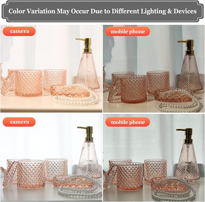 Pink Glass Bathroom Accessories Set 5 Pcs, Pink Bathroom Set, Soap Dispenser and Toothbrush Holder Set, Qtip Holder Set, Vintage Bathroom Sink Set, Cute Bathroom Decor