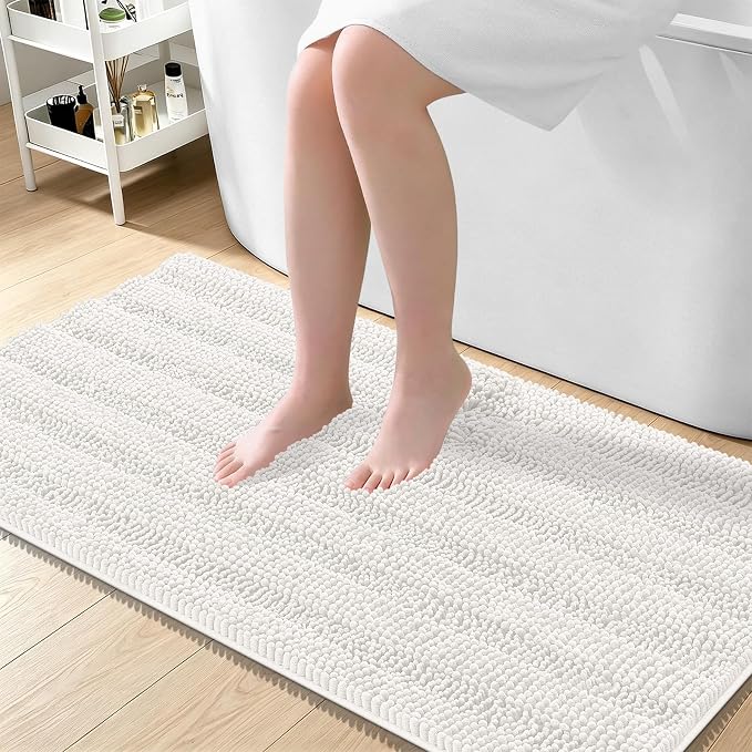OLANLY Thick Large Bathroom Rugs 45x27, Extra Soft Absorbent Chenille Striped Bath Rugs, Rubber Backing, Machine Wash Dry, Bath Mats for Bathroom Floor, Tub and Shower, Home Decor Accessories, Ivory