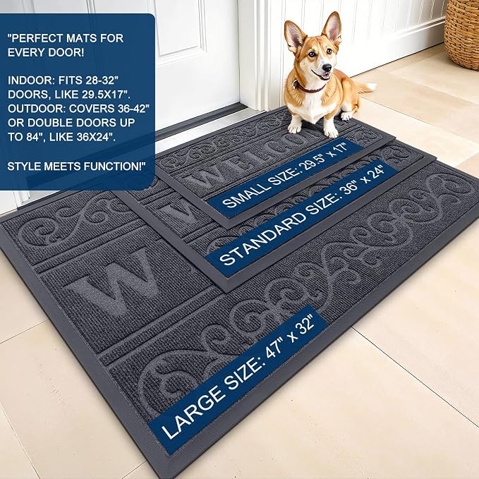 OLANLY Welcome Door Mat Indoor Outdoor Entrance, Heavy Duty Sturdy Front Door Mat, Waterproof All-Weather Doormat, Stain Resistant, Low Profile, Easy Clean Patio Entryway Mat, 47 x 24, Medium Grey