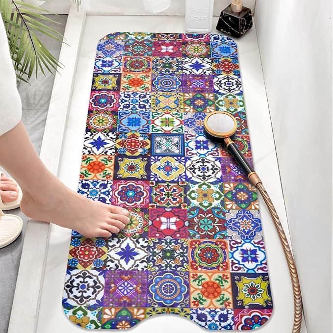 Boho Bathtub Mat Non Slip, Vintage Bath Tub Mat Baby Bath Mats for Bathroom Anti Slip Shower Mats for Inside Shower, Colorful Floral Bathmat with Suction and Drain Holes Machine Washable, 40″x16″