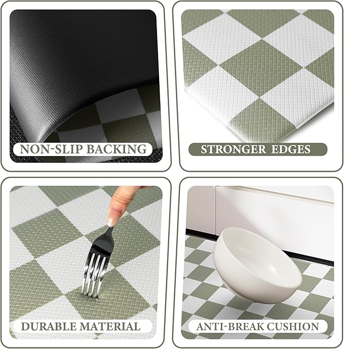 Sage Green Checkered Grid Checkerboard Kitchen Rug Sets [2 PCs], Anti-Fatigue, Waterproof Non-Slip Kitchen Mats Heavy Duty Comfort Foam Rug for Kitchen, Floor, Home,Laundry,17"x29"+17"x47"