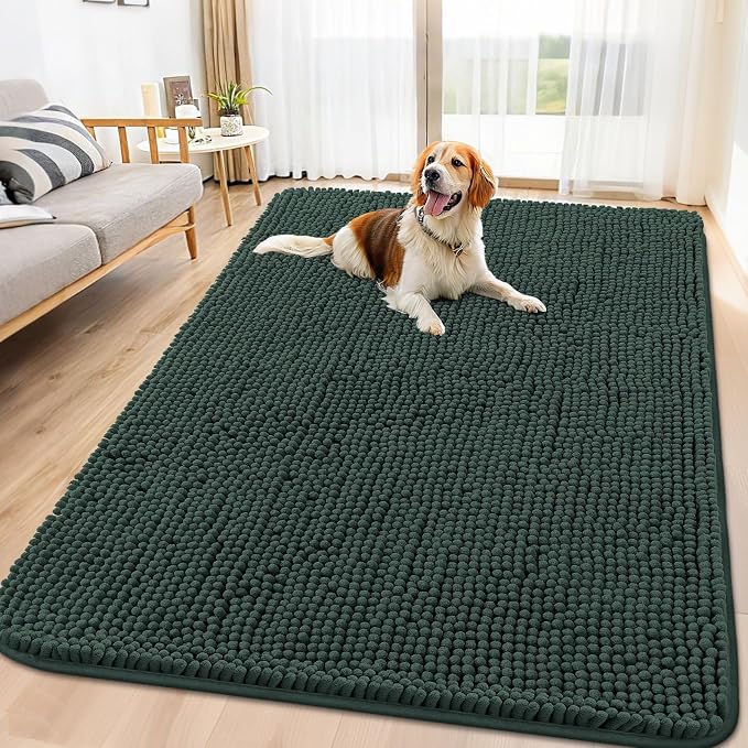 Smiry Dog Door Mat for Muddy Paws 71x46, Absorbent Dirt Trapper, Non-Slip Washable Chenille Entryway Rug for Inside Floor, Green, Classic Solid