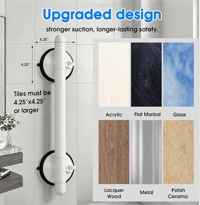 18.5inch Upgrade Suction Shower Grab Bar, Portable Shower Handle Bar Suction Grip Bar Bathtub Handle with Strong Hold Suction Cup Fitting and Rapid Release for Bathroom 1PACK