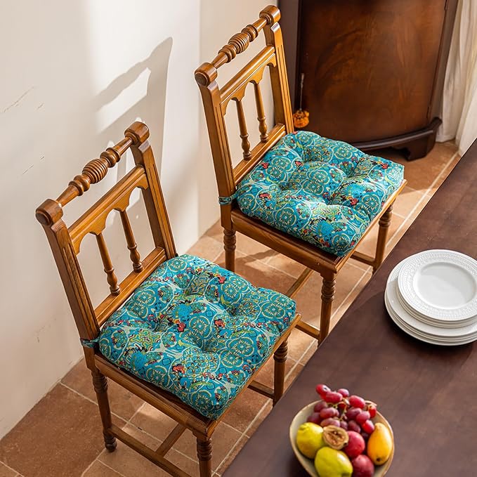 vctops Boho Geometric Chair Cushions with Ties U-Shaped Soft Cozy Cotton Linen Chair Pads Non Slip Seat Cushions for Indoor Dining Room and Kitchen Chairs (Turquoise,16"x16")