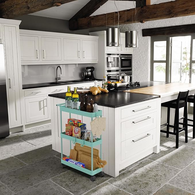 Simple Houseware 3-Tier Slim/Narrow Storage Cart with Handle, 5.5'' Wide x 27.5'' Height Rolling Organizer for Kitchen, Bathroom, Laundry Room - Turquoise