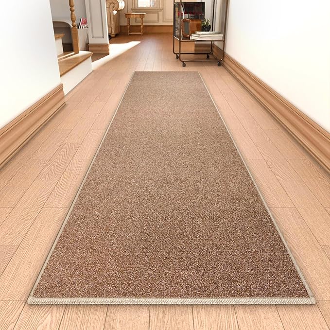 AREDO Runner Rug with Non Slip Rubber Backing, Washable Soft Floor Carpet for Kitchen, Hallway, Entryway Indoor, Bedroom, Laundry, Low Pile Area Rugs, Solid color with Pointillism style, 2*10 ft BROWN