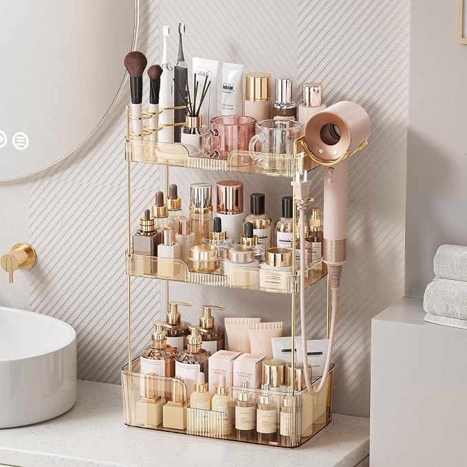 Bathroom Counter Organizer for Vanity, Makeup Organizer Countertop with Holder, Large Capacity Storage Rack, Perfect Large Skincare, Hair Care, Perfume, Easy to Install (Gold, 3Tiers)