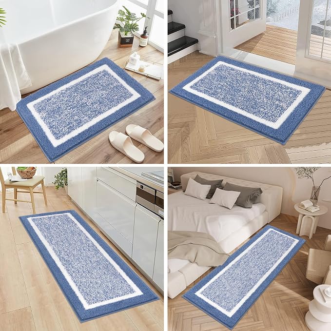 Pauwer Bathroom Rug Mat Set 3 Piece, Microfiber Shaggy Bath Set, Non-Slip Ultra Soft Carpet Mats, Absorbent with U-Shaped Toilet for Bathroom, Tub, Shower, Blue