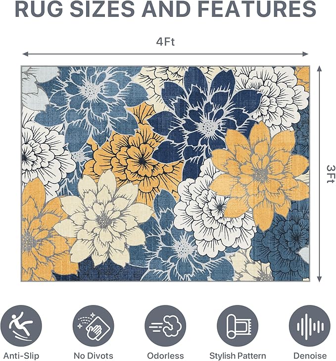 36"x48" Office Chair Mat for Hardwood Tile Floor, Under Desk Carpet Protector for Rolling Computer Chair Mat, Machine Washable Area Rug, Anti-Slip 1/5" Thick Low Pile Thin Vinyl Floor Mat, Navy Yellow