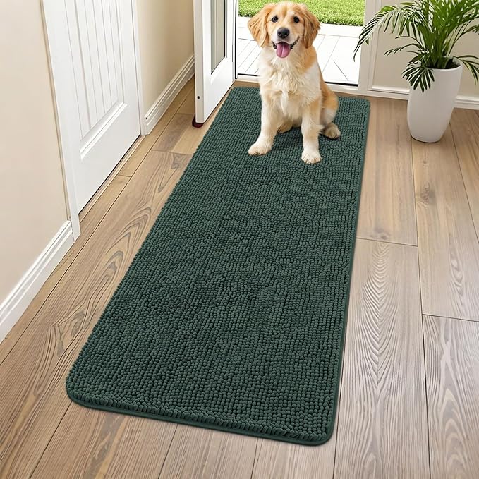 Smiry Dog Door Mat for Muddy Paws 59x24, Absorbent Dirt Trapper, Non-Slip Washable Chenille Entryway Rug for Inside Floor, Green, Classic Solid