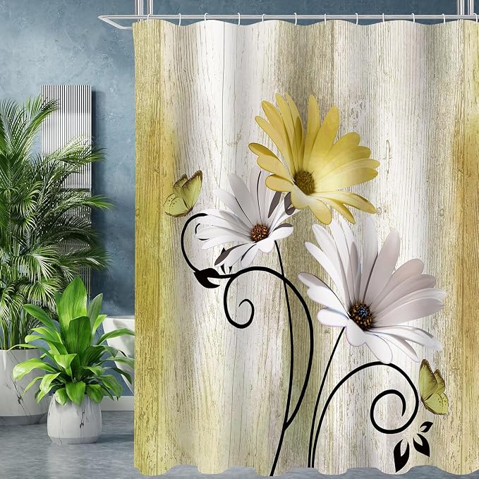 Onalasyc 4PCS Yellow Daisy Flowers Butterfly Shower Curtain Set with Shower Curtain and Carpet and Accessories, Waterproof Bathroom Shower Curtain Decorative Set with 12 pcs Hooks,71 x 71in