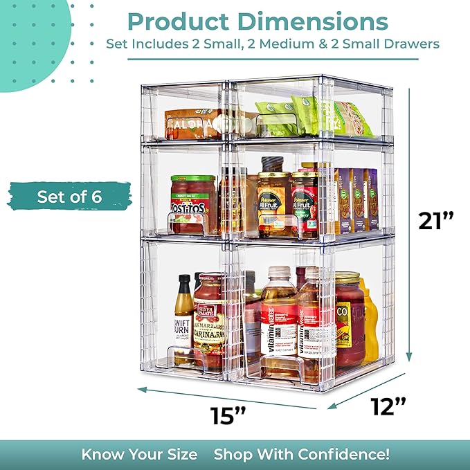 Sorbus Stackable Clear Storage Drawers, 6 Pack (2 Large + 2 Medium + 2 Small) Pull-Out Organizer Bins – Plastic Drawer Organizers for Bathroom, Vanity, Makeup, Under Sink & Countertop Organization