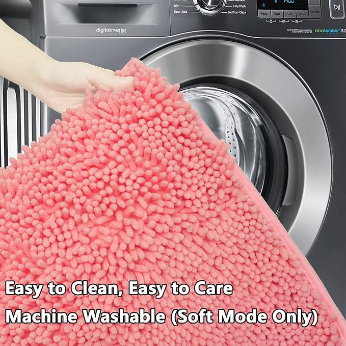 Bathroom Rugs Chenille 3-Piece Extra Soft and Absorbent Shag Bathroom Rugs, Machine Wash Mat, Strong PVC Non-Slip Underside, Plush Carpet Mats (Pink)