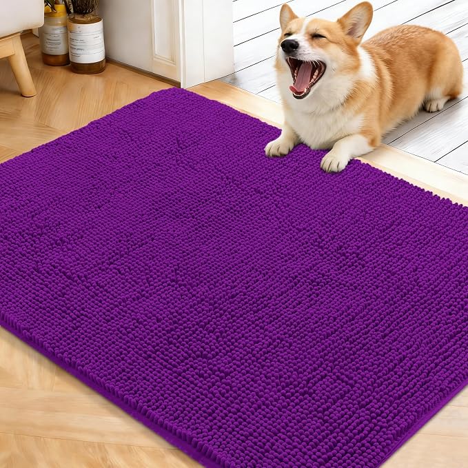 OLANLY Dog Door Mat for Muddy Paws 40x32, Absorbs Moisture and Dirt, Absorbent Non-Slip Washable Doormat, Quick Dry Chenille Mud Mat for Dogs, Entry Indoor Entryway Carpet for Inside Floor, Purple