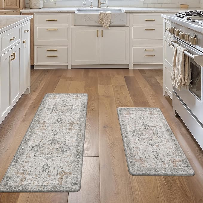 GENIMO Kitchen Mats for Floor 2PCs, Washable Anti Fatigue Mat for Cushioned, 17.3"x47"+17.3"x30", Waterproof Kitchen Rugs, Non Slip Comfort Standing Mat Rug for Home, Sink, Laundry, LightTaupeBrown
