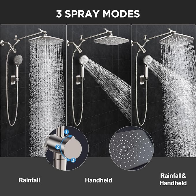 Veken 11.8" Rain Shower Head with Handheld, High Pressure Handheld Shower with Multi Spray Modes, Rainfall Combo with Metal Extension Arm, Detachable Dual Showerhead, Bathroom Decor, Starlight