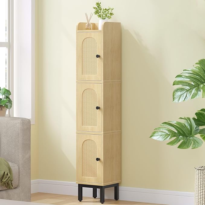 Hzuaneri Slim Bathroom Storage Cabinet, Narrow Bathroom Organizers and Storage with 4 Adjustable Feet, Laundry Room Organization for Small Space, Kitchen, Living Room, 3 Doors Rattan Yellow BC22302Y