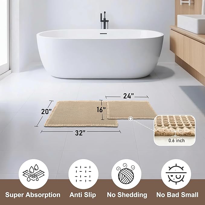 JIUZHEN Set of 2 Waffle Bath Mats Boho Non Slip Bath Rugs Washable Bathroom Rugs Super Absorbent Waffle Mats Ultra Soft Fast Drying Mat for Bathroom Floor, Tub, 16" x 24" +20" x 32", Brown