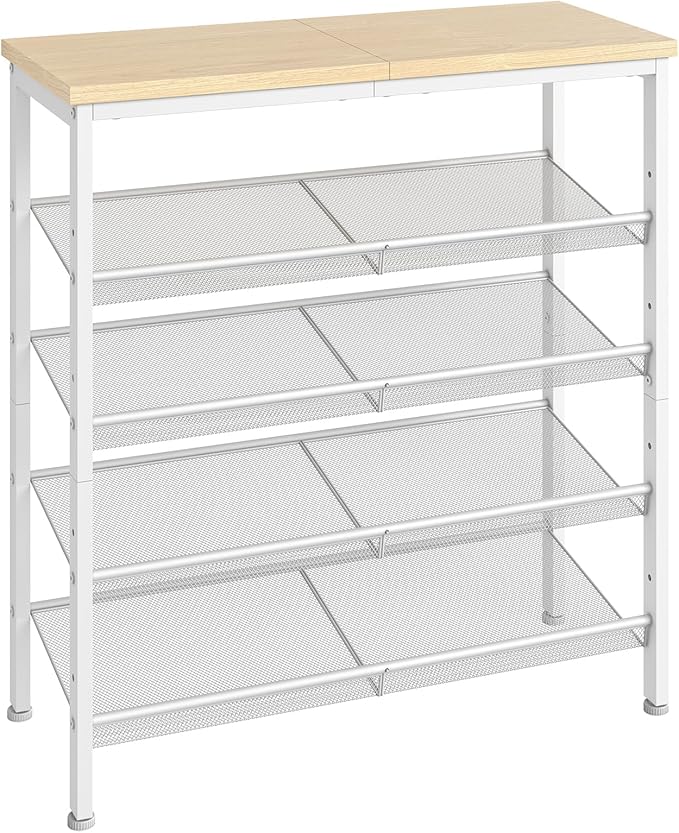 HOOBRO Shoe Rack for Entryway, 5-Tier Shoe Organizer with Adjustable Mesh Shelves, 12-16 Pairs of Shoes, Spacious Floor Mount, Metal, Industrial, Shoe Shelf for Closet, Natural and White WN12XJ01