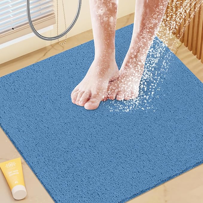 Shower Mat Bathtub Mat Non-Slip,24x24 inch, Soft Tub Mat with Drain,PVC Loofah Bath Mat (Phthalate Free) for Tub and Bathroom,Lake Blue