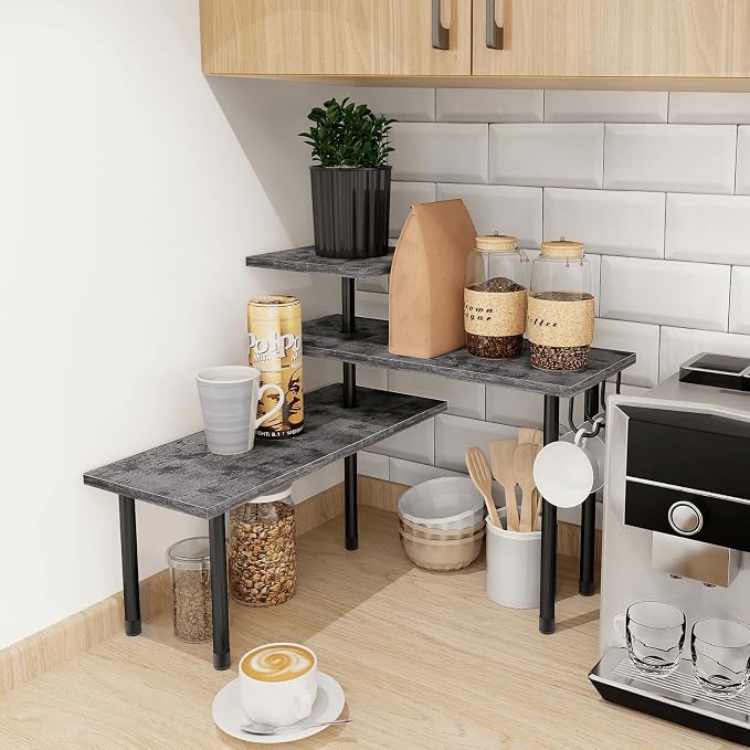 Homode Kitchen Countertop Organizer, 3 Tier Corner Shelf Bathroom Counter Organizer, Wooden Counter Shelf Stand Space Saver, Easy Assembly, Rustic Grey