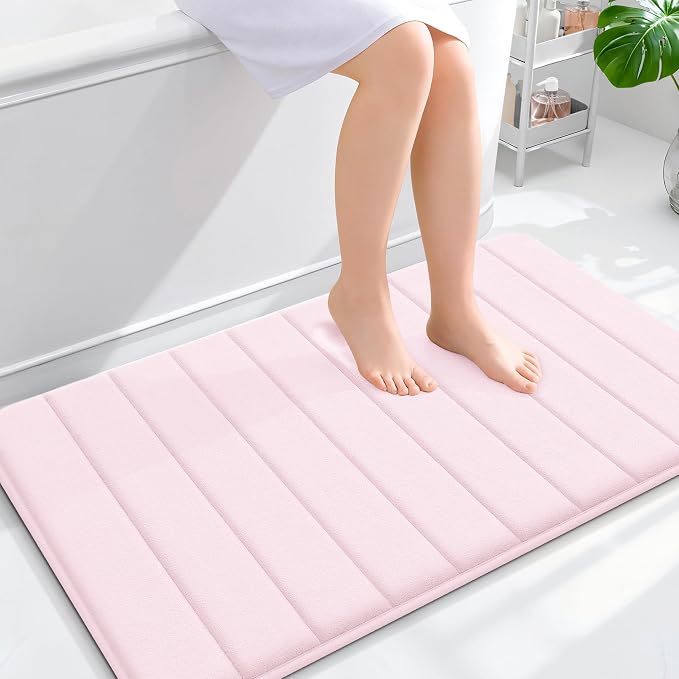 OLANLY Memory Foam Bath Mat 40x24, Super Soft Absorbent Bathroom Rugs, Quick Dry, Machine Washable Shower Floor Rugs, Bathmat Carpet, Bathroom Home Decor Accessories, Pink