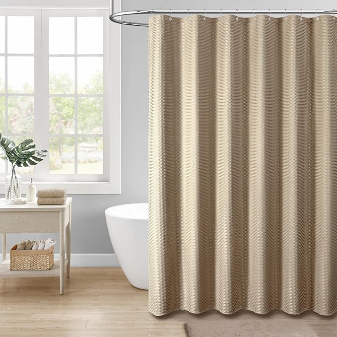 Dynamene Extra Wide Shower Curtain - 84 Inch Wide Waffle Weave Weighted Thick Cloth Bathroom Shower Curtain, Neutral Heavy Duty Hotel Bath Curtain Set with 14 Plastic Hooks, 84x72, Beige/Khaki