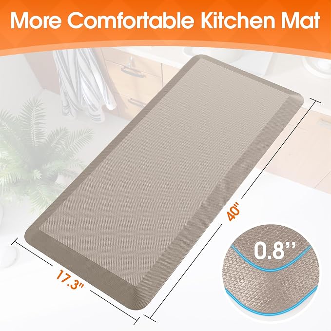 4/5 Inch Thicker Kitchen Mat, Cushioned Thick Floor Comfort Mat, with Non-Slip Bottom, Water & Stain Resistant, Easy Clean Standing Desk Mat for Kitchen, Sink, Office (17.3"x39"x0.8", Khaki)