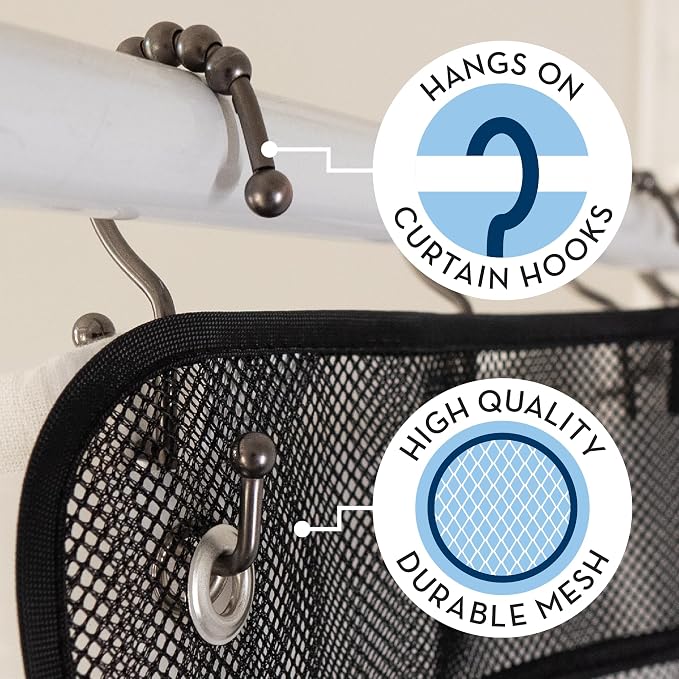 S&T INC. Shower Organizer, Shower Caddy & Bathroom Organizer, 2 Pack, Black | Quick Drying Mesh, 7 Pockets to Hold Shampoo, Soap, Loofah, and Cruise Ship Essentials