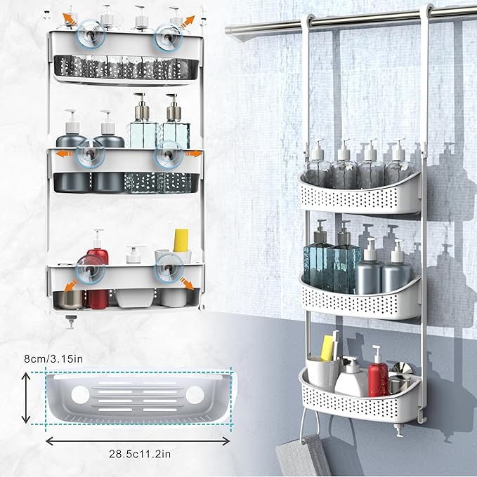 Heavy duty shower caddy hanging; 3 tiers supper large plastic shower basket over the showerhead; never rust baskets over the door, shower organizer for bathroom without tools, White