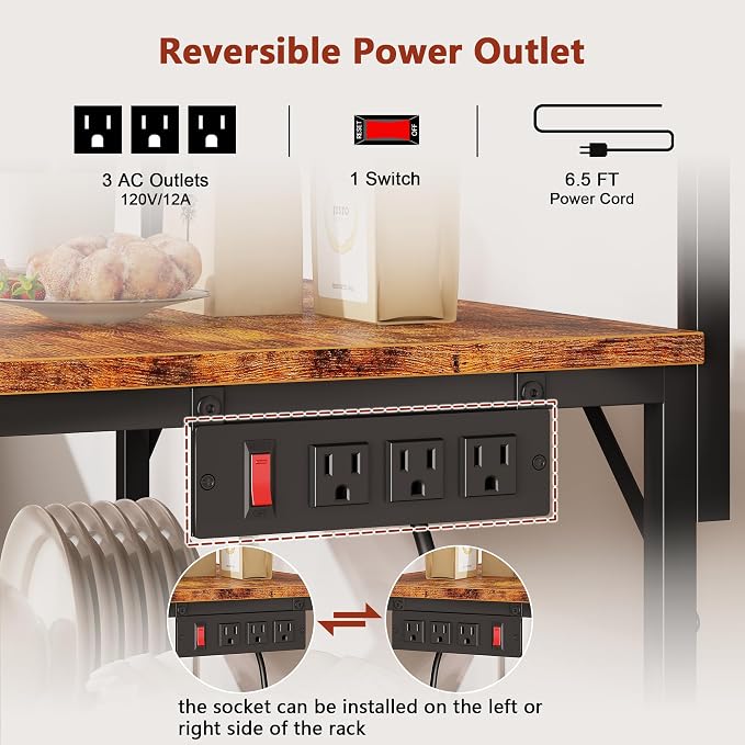 Furologee Kitchen Bakers Rack with Power Outlet,Coffee Stand with Storage 4 Tiers,Coffee Bar Station with a 31.5 Inch Larger Desktop and 8 S Hooks,Kitchen Microwave Rack for Spices,Pots,Rustic Brown
