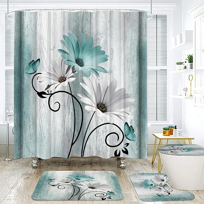Onalasyc 4PCS Teal Daisy Country Farmhouse Shower Curtain Set with Shower Curtain and Carpet and Accessories, Waterproof Bathroom Shower Curtain Decorative Set with 12 pcs Hooks,71 x 71in